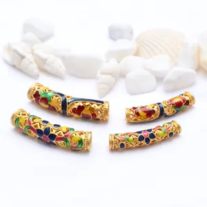 Antikgold Cloisonné Lotus Gebogene Röhrenperlen Blumenmuster DIY Schmuckzubehör Für Armband Halskette Damen Bastelzubehör