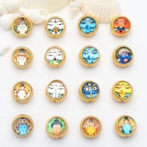 Cuentas de Cinabrio Redondas con Patrón Thangka Hechas a Mano con Marco de Cobre Dorado Diseño Étnico Religioso para Creación de Joyas DIY