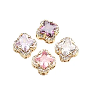14K gold-plated clover spacer beads with micro-paved cubic zirconia for DIY jewelry
