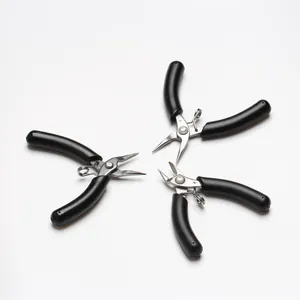 Detailed top-down view of three professional stainless steel jewelry pliers on white.