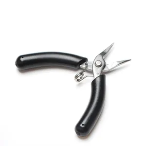 Close-up of stainless steel jewelry needle-nose pliers with ergonomic black handles