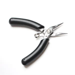 Close-up view of precision needle-nose pliers for jewelry making with black handles