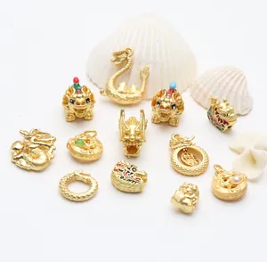 Ancient gold finish dragon pendants with enamel details for zodiac jewelry making