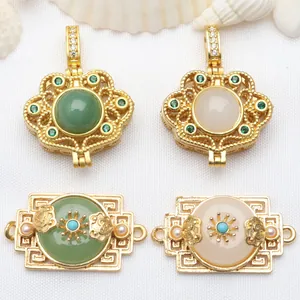 Chinese Retro Filigree Enamel Ruyi Peace Lock Charm Gold Plated Copper Jade Inlaid Pendant For DIY Necklace Bracelet Jewelry Making