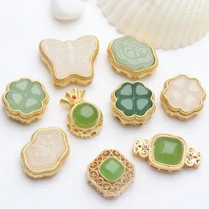 Antik Gold Überzogenes Kupfer Künstliche Jade Eingelegte Abstandsperlen Für DIY Schmuckherstellung Vintage Chinesischer Stil Charms Zubehör
