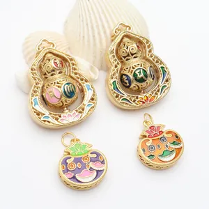 Rotatable Gourd Pendant Six Character Mantra Sand Gold Copper Enamel Lucky Bag Charm DIY Necklace Jewelry Making Accessory