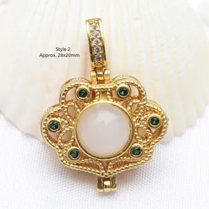 Detailed macro shot of a gold filigree Ruyi lock pendant inlaid with white jade and emerald.
