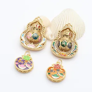 Detailed view of sand gold rotating gourd and enamel lucky lock jewelry pendants
