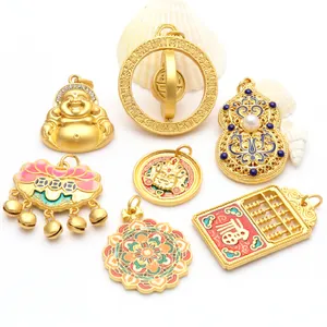 Sand Gold Enamel Cloisonne Pendant National Tide Safety Lock Rhinestone Artificial Pearl Buddha Charm For DIY Jewelry Making