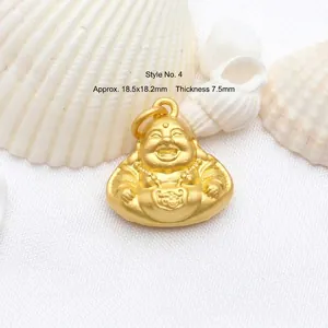 Close-up of matte golden Laughing Buddha pendant with 18.5x18.2mm size annotation