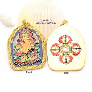 Detailed view of enamel Buddhist pendant front and back showing dimensions 41x29mm