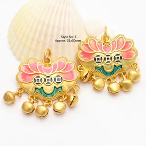 Detailed view of Chinese enamel lotus longevity lock pendant with golden bells