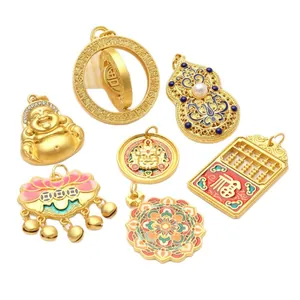 Traditional Chinese style gold-plated enamel charms with Buddha and abacus designs