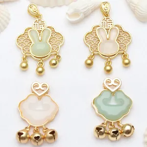 Ancient Gold Sand Plated Copper Peace Ruyi Lock Pendant Rabbit Imitation Jade DIY Jewelry Accessories For Bracelet Necklace Hanging Decor