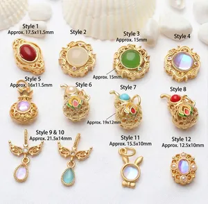 Various ancient gold DIY jewelry charms and enamel pendants with precise size annotations