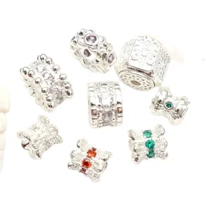 Silver-plated copper spacer beads with colorful cubic zirconia stones for DIY jewelry making