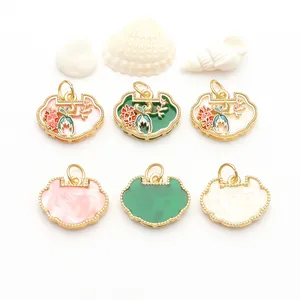 Ancient Gold Process Ruyi Lock Pendant Synthetic Jade Inlaid Bird Plum Blossom DIY Jewelry Charm Necklace Bracelet Accessory
