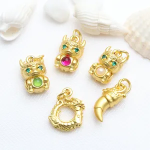 Ancient Gold Plated Copper Dragon Zodiac Pendants With Rhinestone Artificial Pearl For DIY Jewelry Making Charms Accessories
