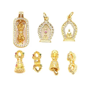 Ancient gold style Vajra pestle and Buddha charms with inlaid zircons for DIY jewelry