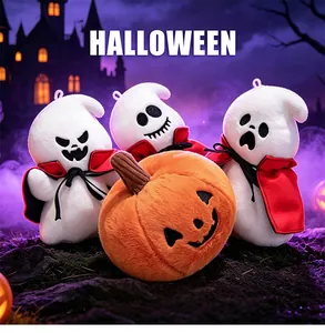 Close-up detail of quirky Halloween pumpkin and ghost plush toys with soft velvet texture