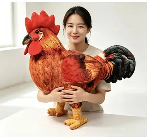 Realistic large rooster plush toy being held by a model for size comparison.