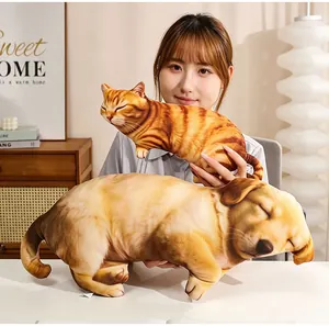 Realistic 3D printed cat and dog plush pillows held by a model in a cozy home setting