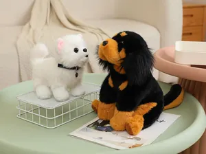 Detailed view of realistic Pomeranian and Mastiff plush toy dogs on a table.