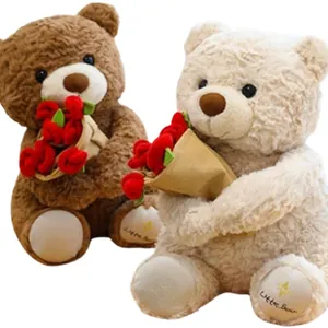 Pair of soft plush teddy bears holding red rose bouquets, perfect Valentine's Day gift