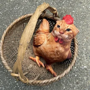 Detalle de un divertido peluche híbrido de gato y pollo en una cesta de mimbre tejida