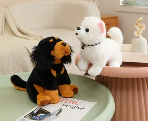 Realistic Tibetan Mastiff and white Pomeranian plush dog toys in cozy home setting
