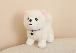 Detailed view of a fluffy white Pomeranian plush dog toy with a black paw charm collar