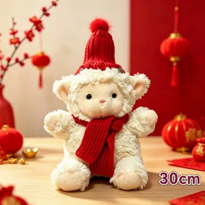 Muñeco de peluche de cordero de 30 cm con gorro y bufanda rojos, regalo de Navidad