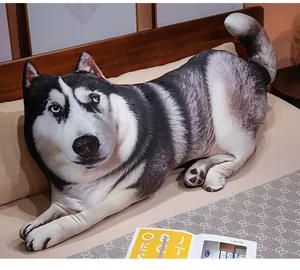 Detailed view of 3D realistic Husky printed plush pillow on a cozy bed