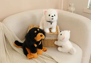 Realistic plush dog toy set featuring Tibetan Mastiff and Pomeranian breeds in cozy home setting