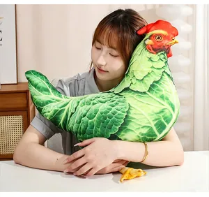Asian woman hugging a large realistic cabbage-patterned chicken plush pillow for sofa