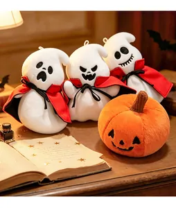 Group of Halloween ghost and pumpkin plush toys on a wooden vintage desk for home decor