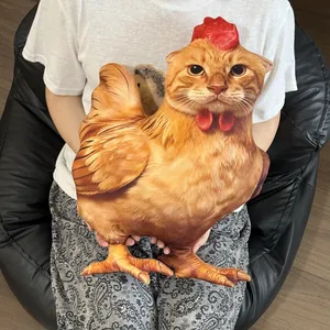 Cojín de peluche creativo con cabeza de gato y cuerpo de pollo sostenido por una persona.