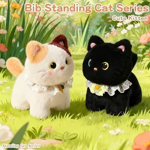 Standing Cat Plush Toy with Lace Bib Cute Kitten Stuffed Animal for Home Decor Girly Style Soft Kitty Plushie Doll Gift