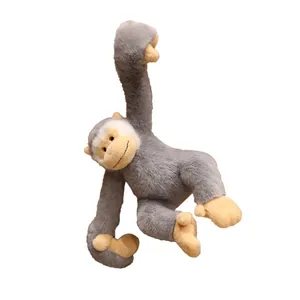 Cute grey gibbon plush toy with long arms for hanging, soft stuffed monkey doll.