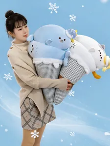 Young woman holding creative ice cream seal plush pillows in a winter setting.