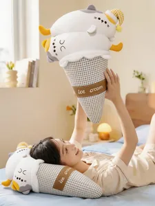 Detailed lifestyle view of creative cat ice cream plush pillow in a cozy bedroom