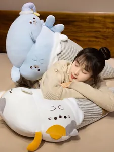 Close-up detail of cute ice silk seal and cat plush pillows for bed or sofa comfort
