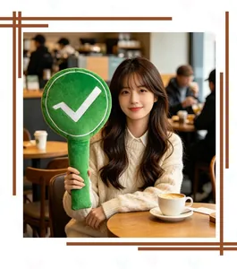 Asian model holding green plush checkmark paddle in a cafe for photography prop