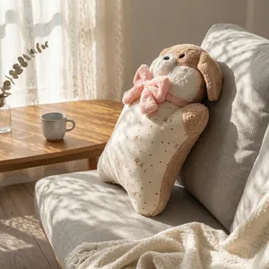 Detailed view of a cute plush puppy cushion with a pink bow in a cozy sunlit room