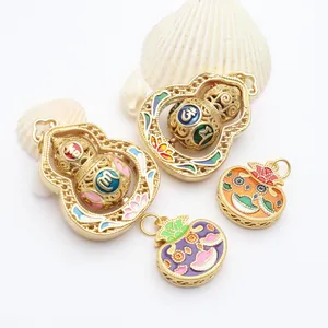 Detailed view of golden rotating gourd pendants featuring mantra engraving and vibrant colors