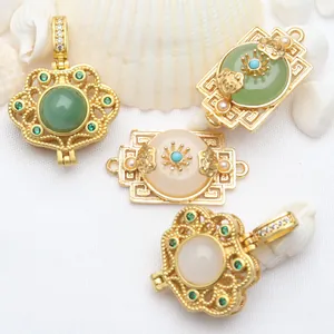 Vintage Chinese style filigree gold ruyi lock charms with jade for DIY jewelry making