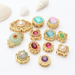 Selection of gold-plated hollow charms and gemstone beads for DIY jewelry making
