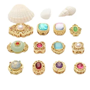 Gold-plated copper filigree beads with inlaid colorful gemstones for DIY jewelry