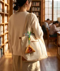 Primo piano di un portachiavi in peluche Zongzi realistico su una borsa di tela beige