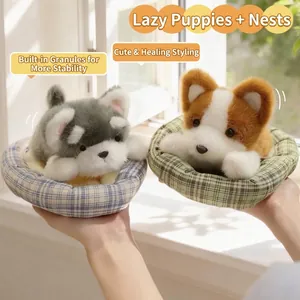 Cute plush puppy toys resting in plaid sleeping baskets perfect for home or car decor